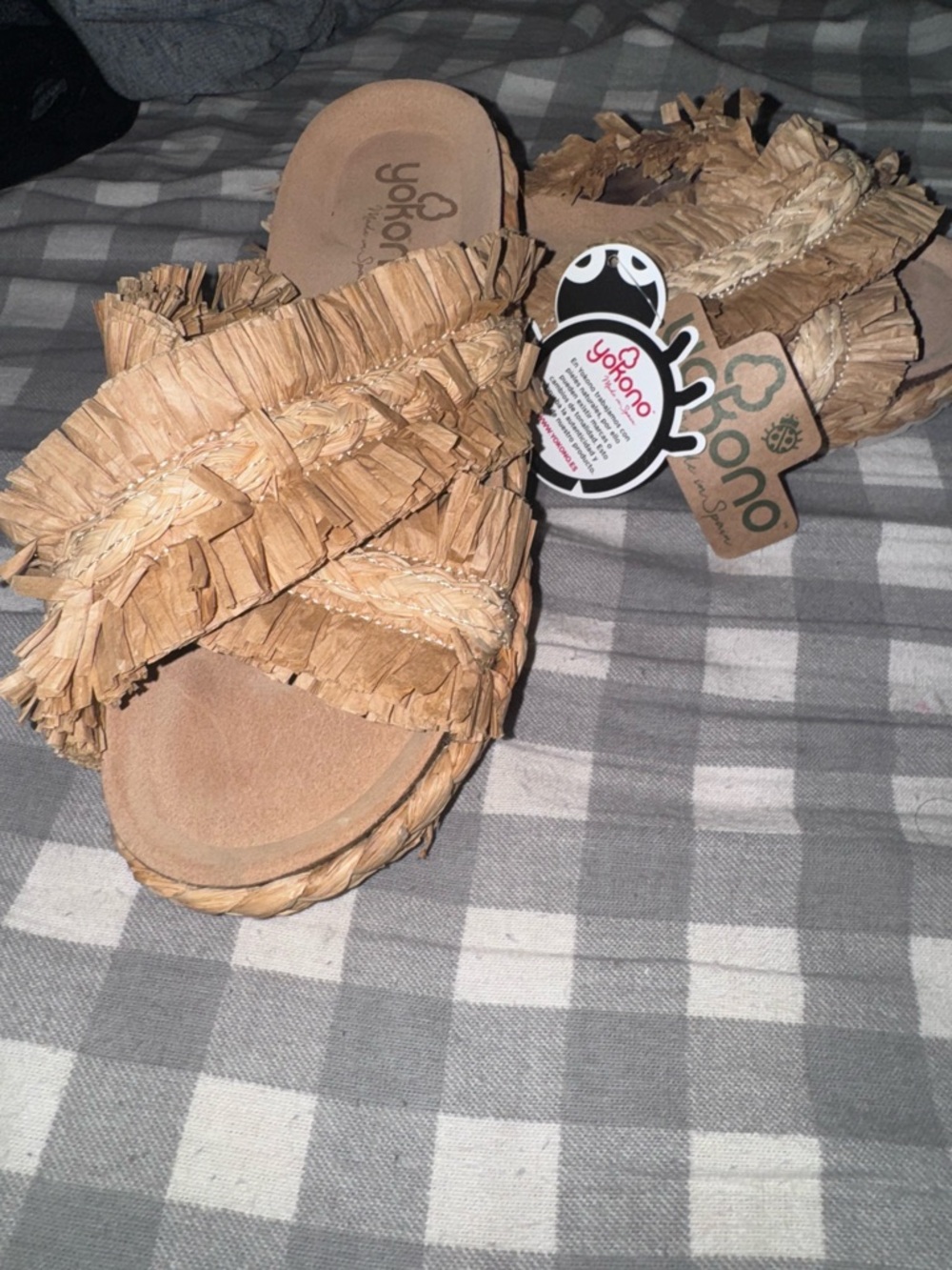 Yokono Women's Tan Raffia Cross-Strap Slide Sandals size 7 NWT